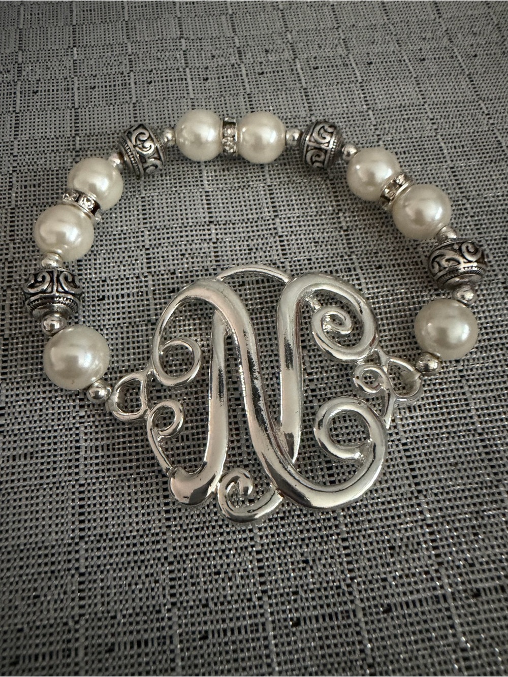 Silver-Tone and Pearl Monogram 'N' Stretch Bracelet - Women Jewelry